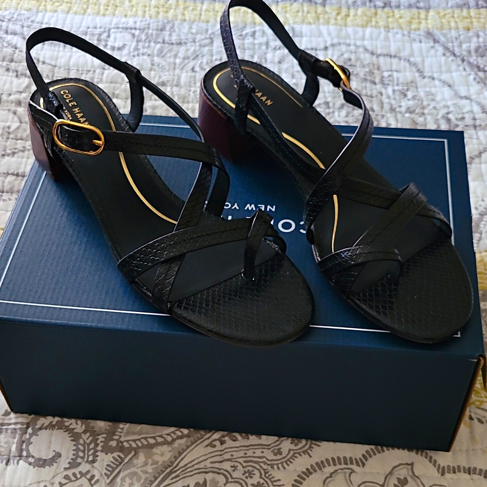 Cole Haan Women’s Black Snakeskin Leather Strappy Sandals Buckle 9.5B