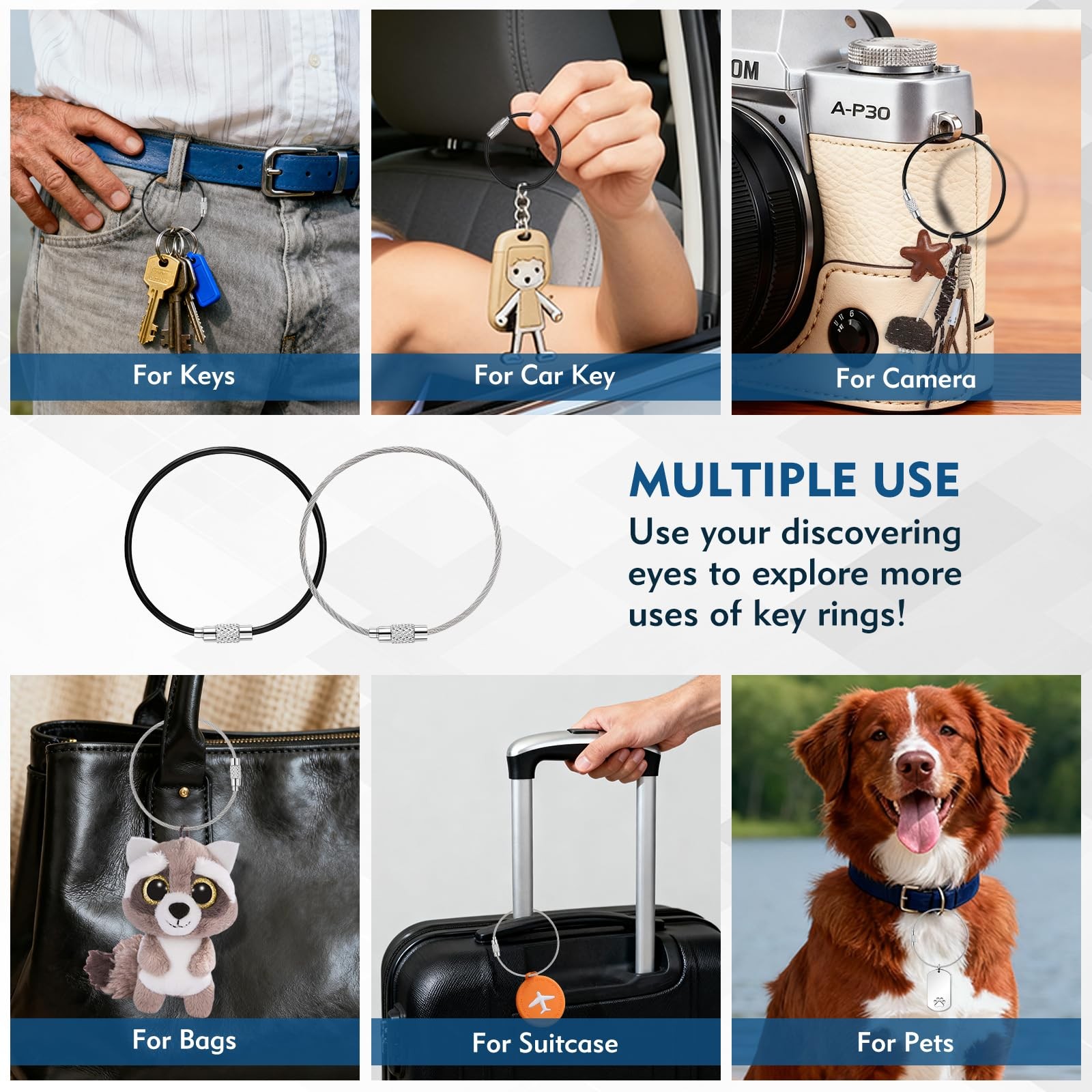 10× Stainless Steel Wire Keychains Cable Key Rings Loop Screw Lock Outdoor 6″ US