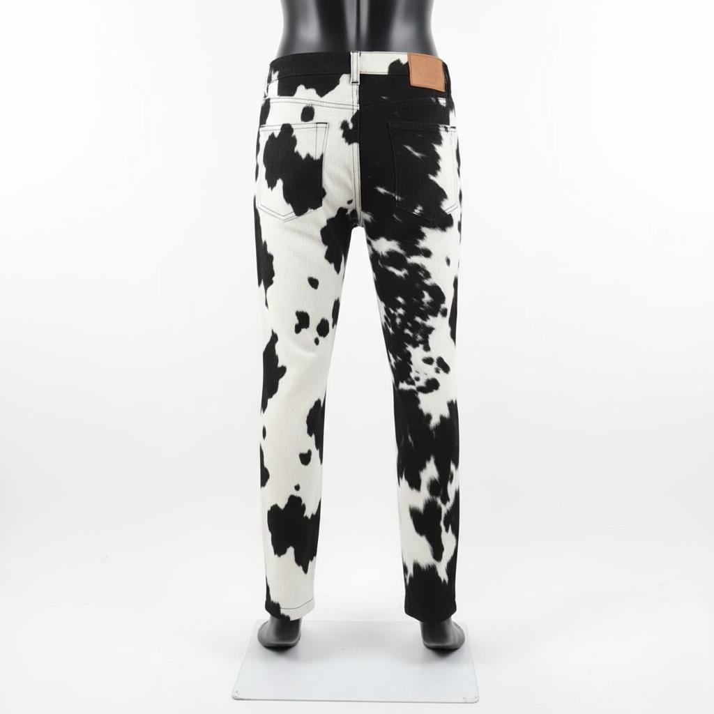 Men Geniune Cowhide Leather Pants Black White Hair On Hide Western Cowboy Style