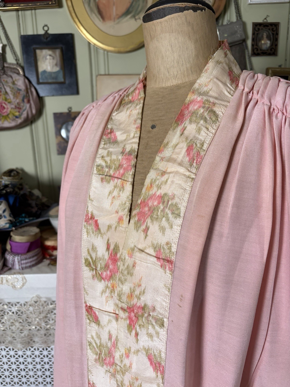 Antique Edwardian Dressing Gown Robe, Shirred Shoulders, Watered Roses Trim