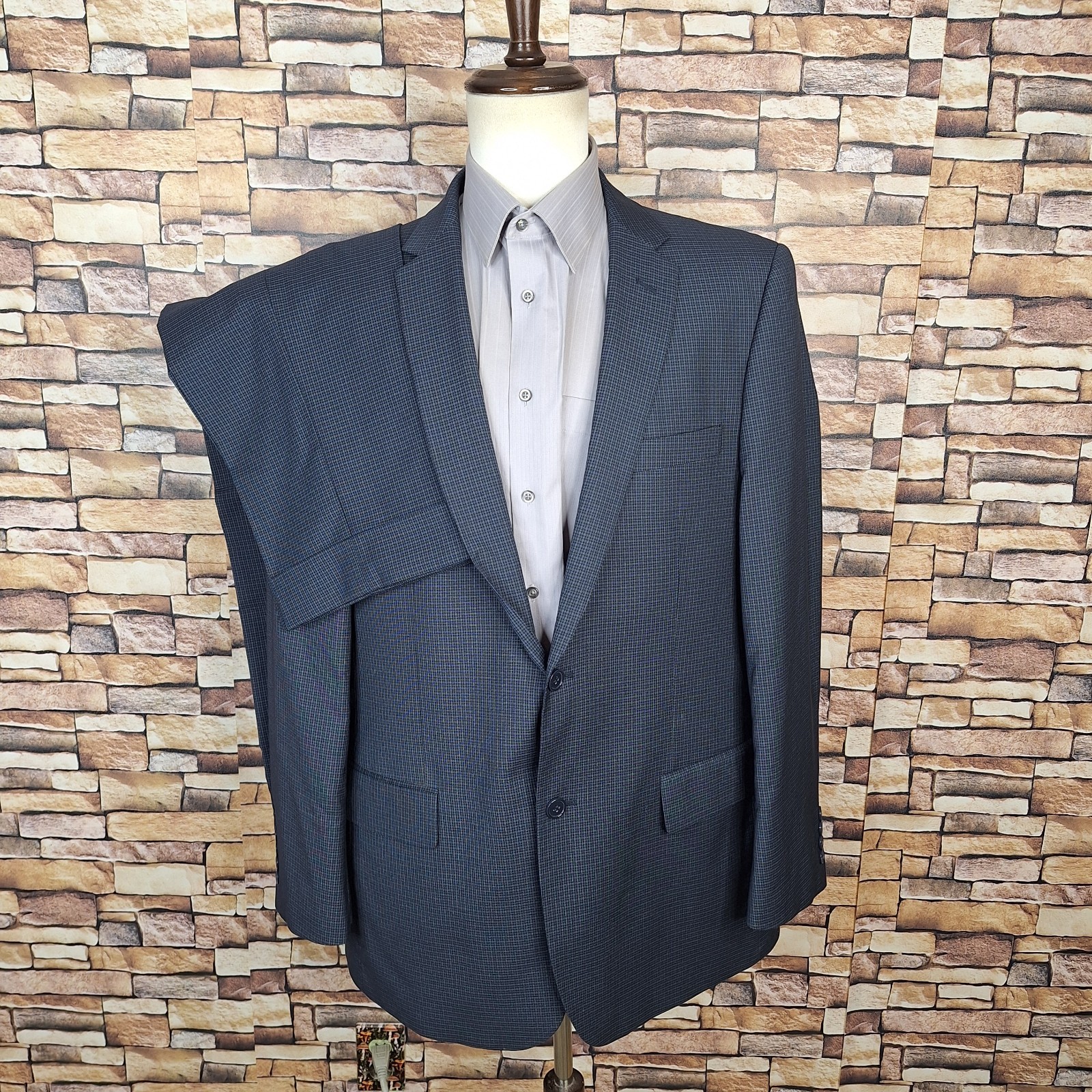 Lineage Suit 2 Piece Mens 44L 38X30 Blue Gray Plaid Double Vented