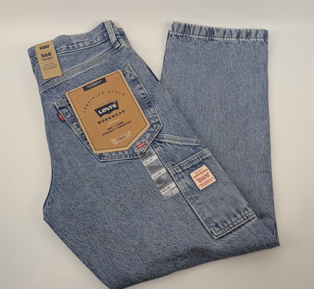 NWT Levi’s Mens 568 Loose Straight Carpenter Jeans 55849-0047 Light Wash 32×32
