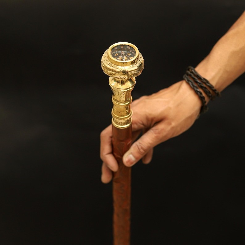 37 Inch Vintage Style Floral Wooden Walking Cane with Brass Compass Handle Gift
