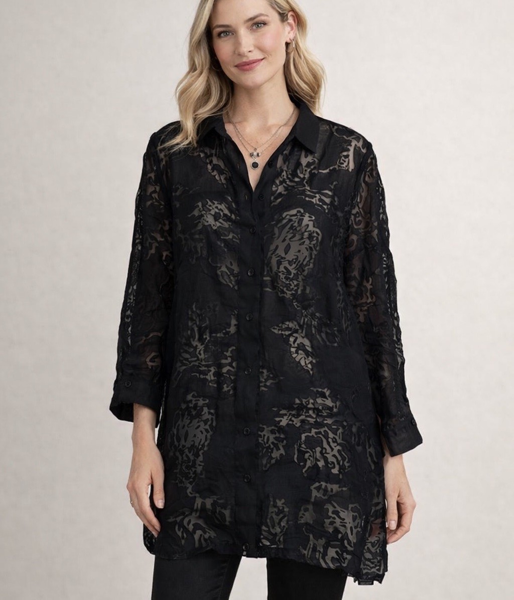 TanJay Black Sheer Burnout Tunic Blouse L Goth Boho Grunge Lagenlook Button Up