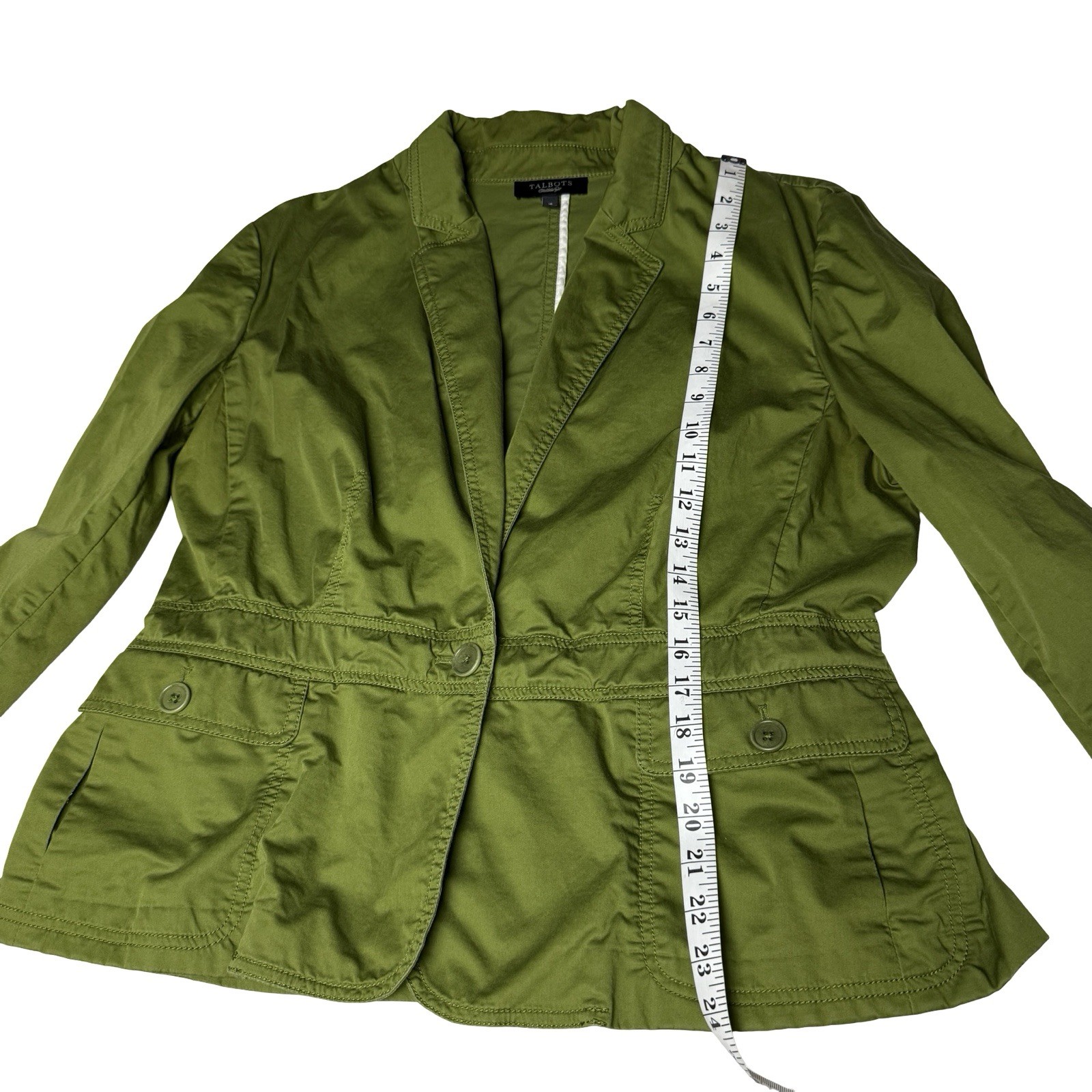 Talbots Blazer Green Jacket Safari Women’s SZ 16 Twill Olive One BTN Office EUC