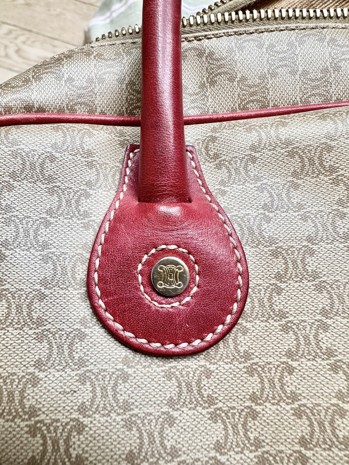 CELINE Bag Macadam Handbag Beige Monograms Red Logo Leather Retro Vintage 70 80s
