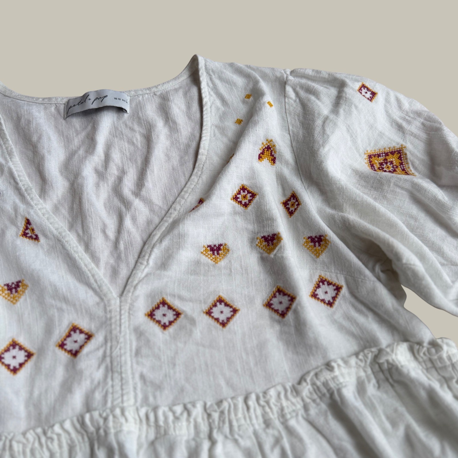 Petal & Pup Dawston Top White Embroidered V-Neck Boho Linen Blend Peplum Blouse