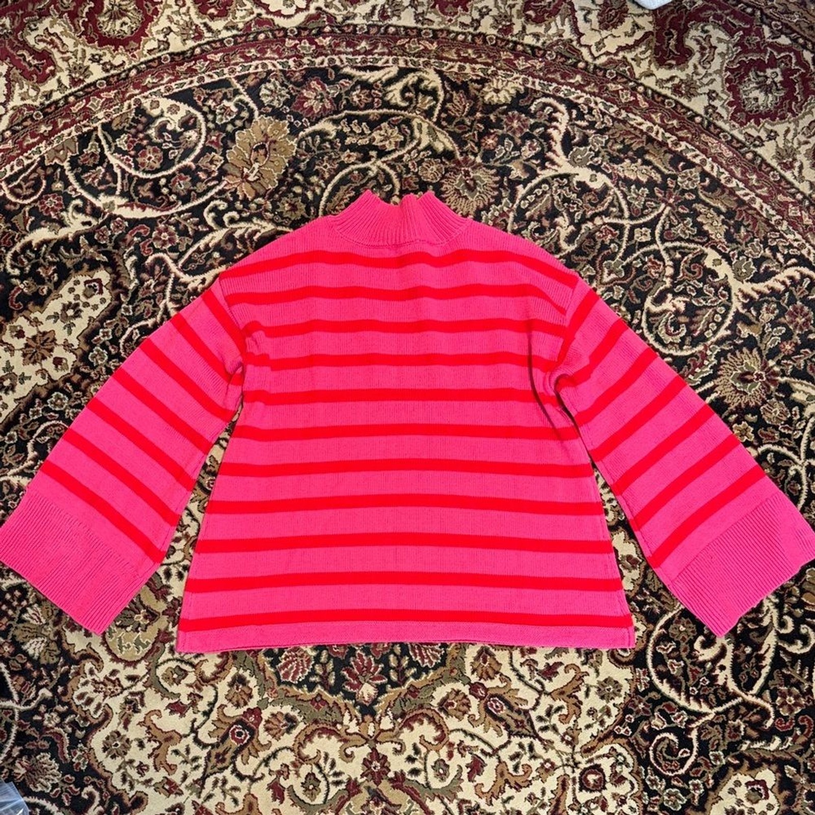 Sugarlips Striped Pink, red mock turtle neck with flare bell sleeves medium