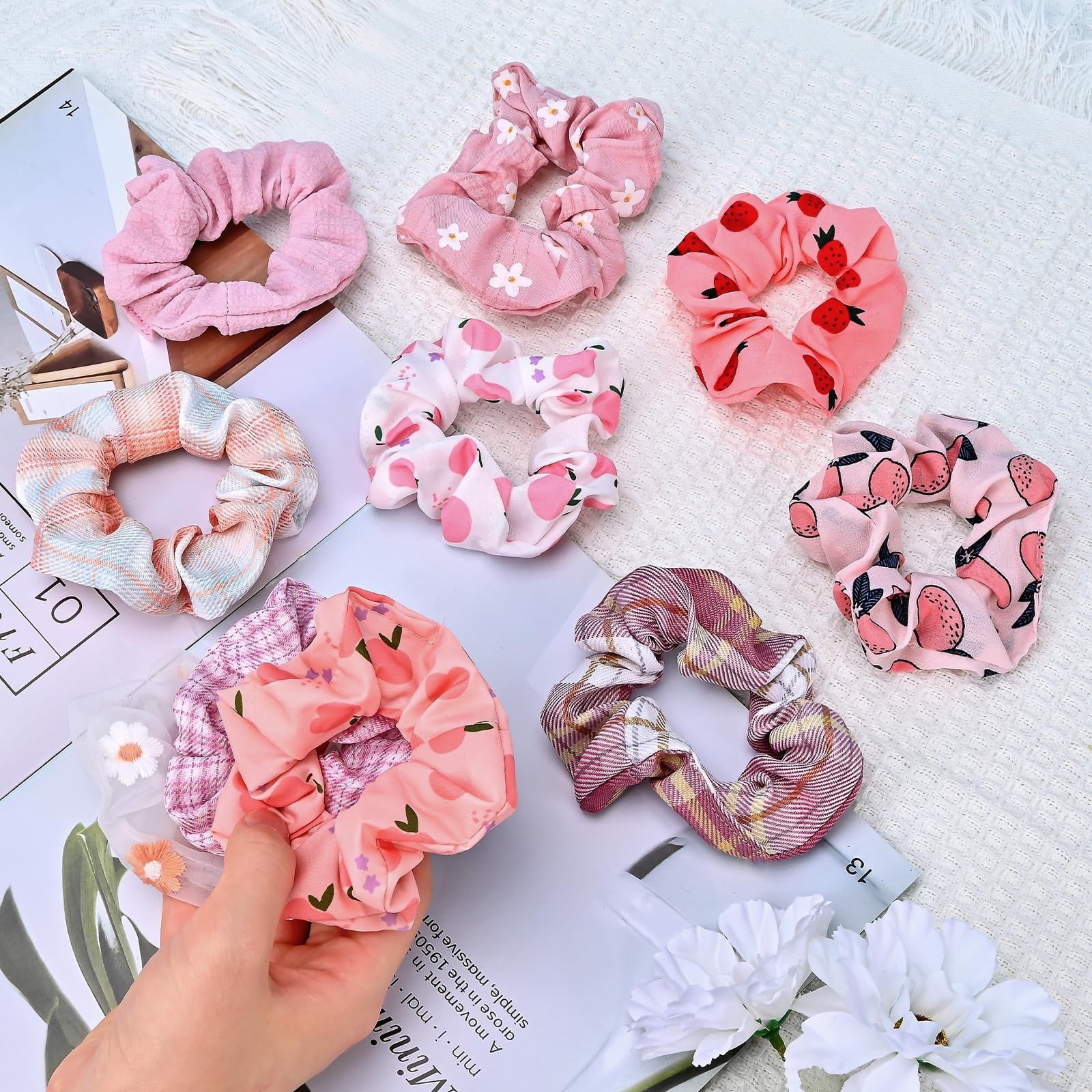 10-Piece Flower Fruits Solid Colorful Scrunchies for Women Girls, No Damage E…