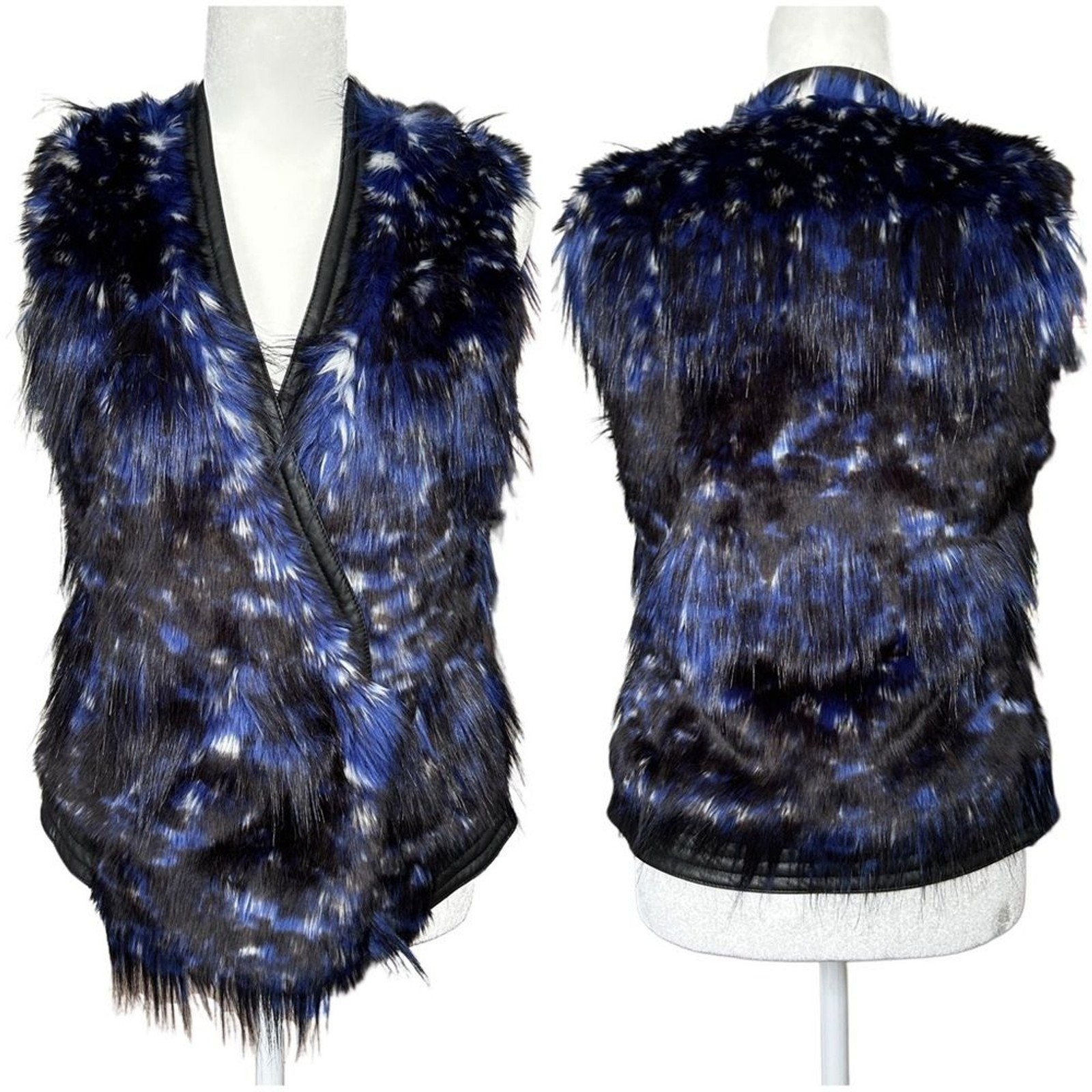 June Ambrose Womens Black Blue Faux Fur Faux Leather Snap Button Vest NWT XS