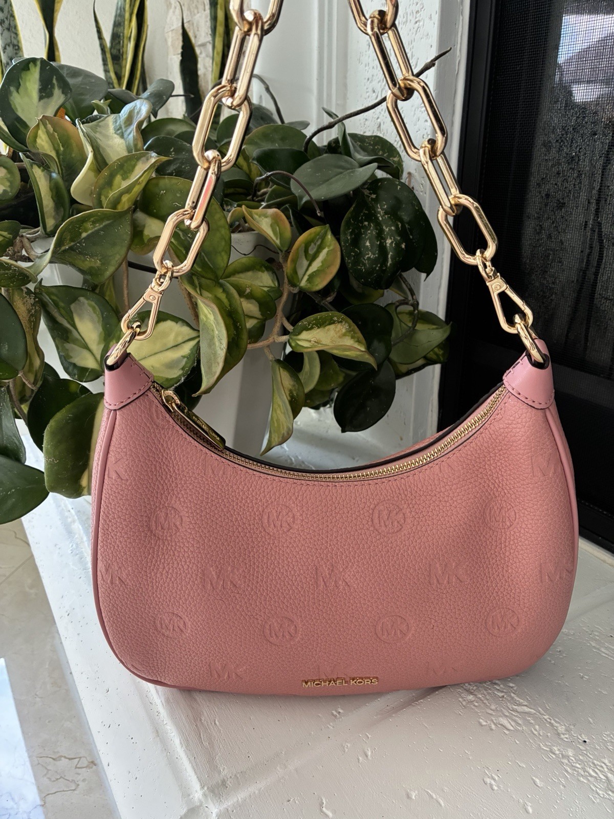 Michael Kors Pink Leather MK Embossed Gold Chain Shoulder Bag
