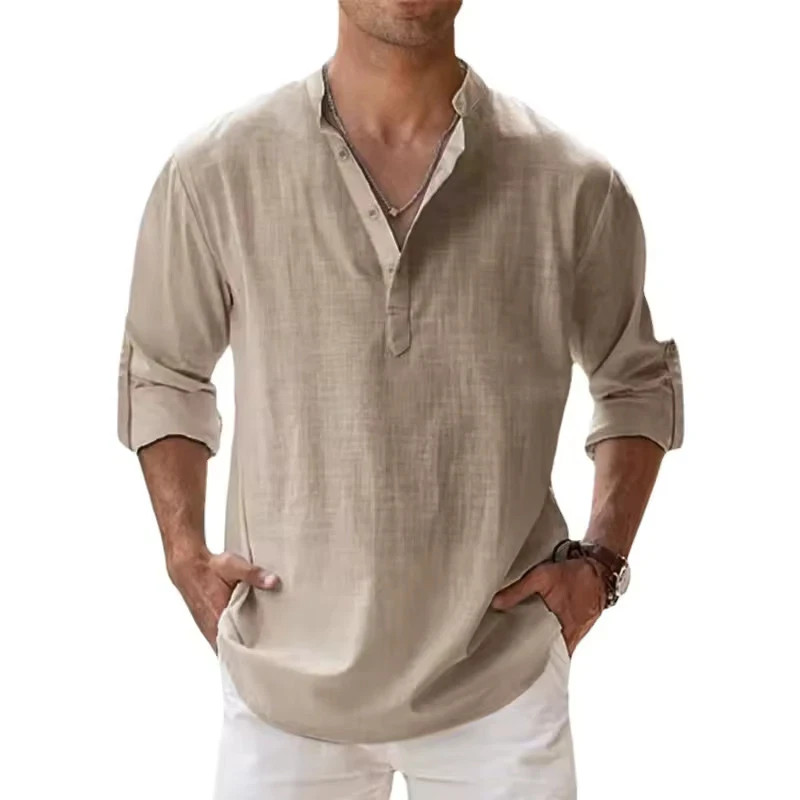 Men’s Cotton Linen Henley Long Sleeve Shirt Casual Beach T-shirt Tee Summer Gift