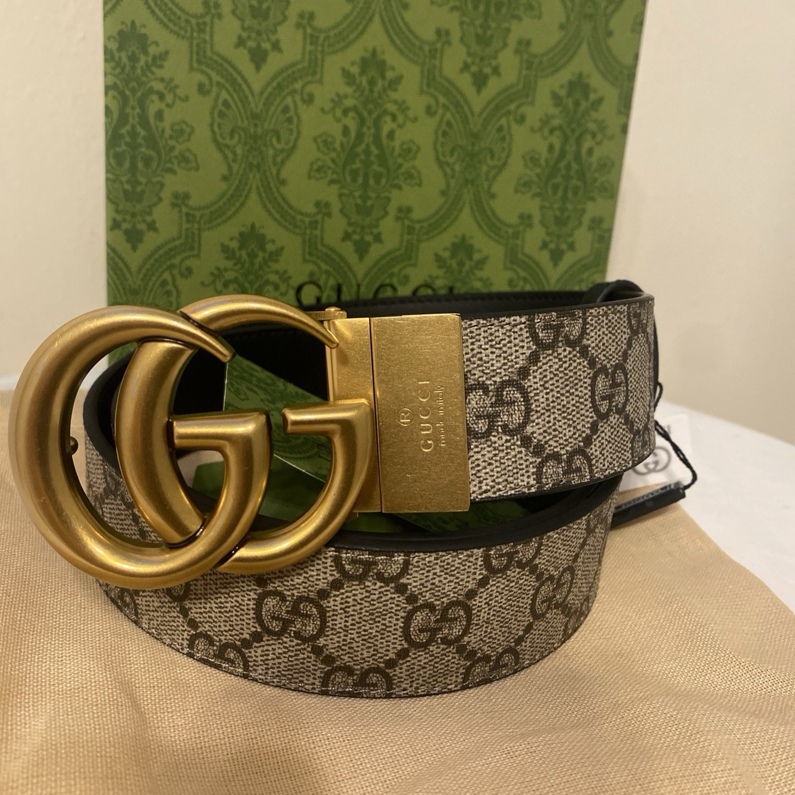 GUCCI GG Marmot Reversible Belt GG SUPREME BEIGE/EBONY/BLACK Size80/32