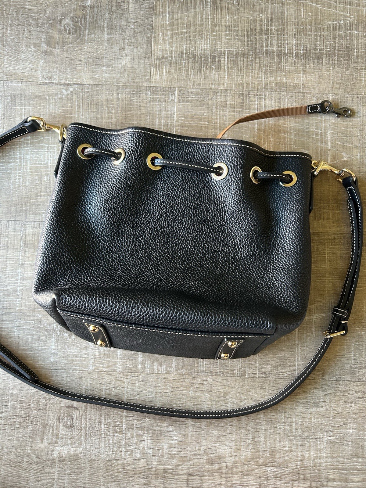 Dooney & Bourke Pebble Grain Leather Drawstring Bucket Bag Black Tassel