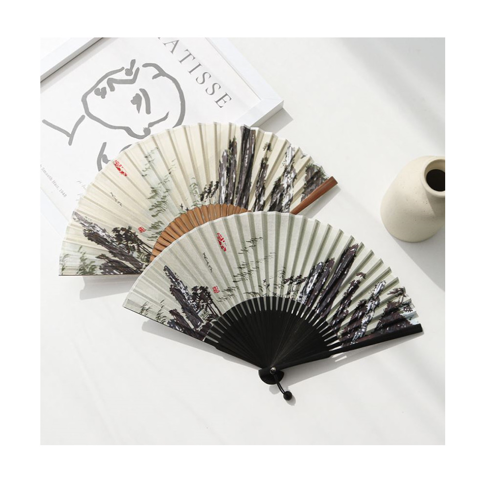 Made in Korea Geumgang Mountain Ramie Bamboo Folding Fan w/ Tassel & Sleeve