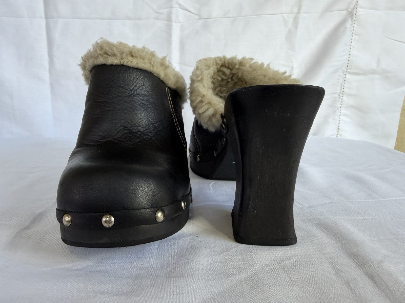 MIA Women’s Size 8M Black Leather Shearling Fur Lined Studded Heel Clogs Brazil