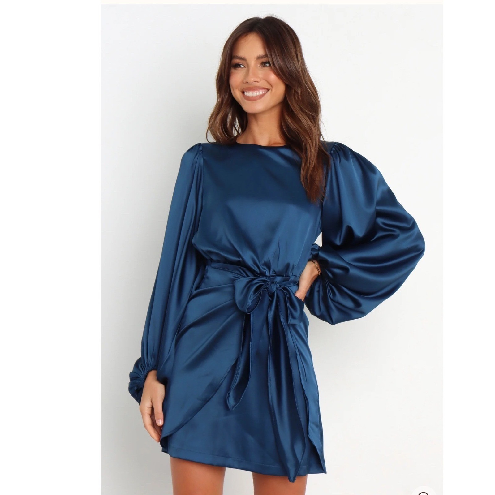 Petal and Pup Opal Navy Blue Satin Balloon Sleeve Tie Waist Mini Dress US 6