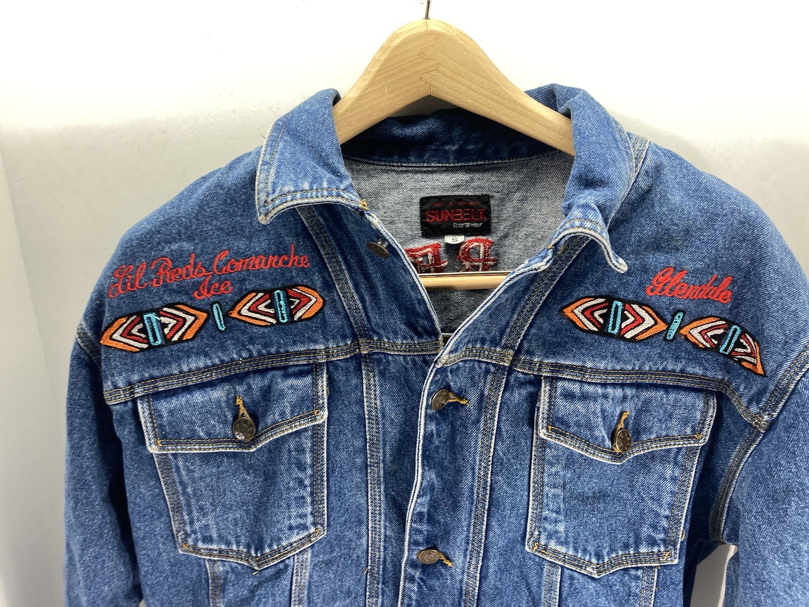 Comanche Chief Denim Trucker Jacket Men Size Small Embroidered Button VTG Unique