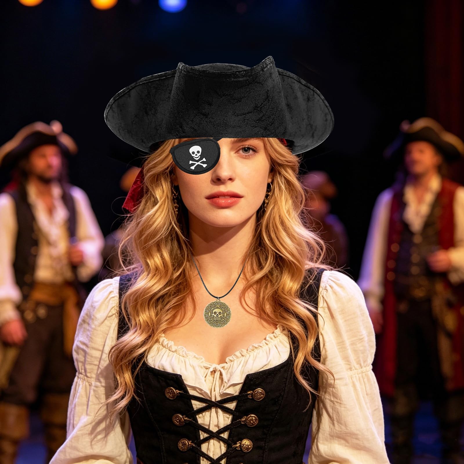 Zddaoole 4 PCS Black Renaissance Pirate Tricorn Hat,Vintage Black-leather