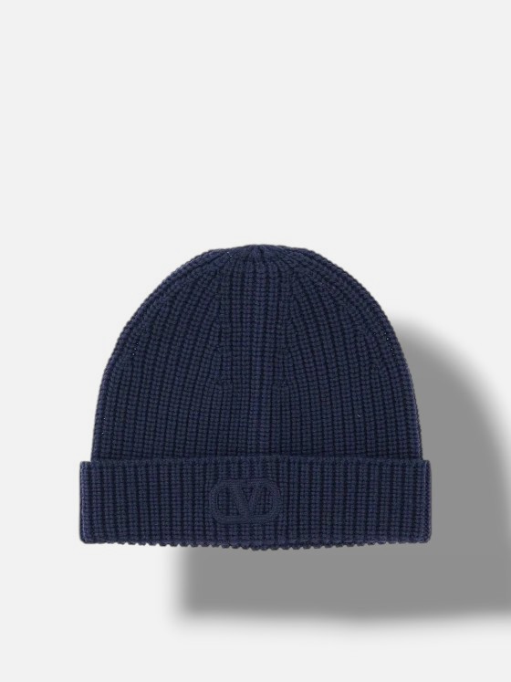 Valentino Men’s Blue Wool Italy Chunky VLogo Knitted Beanie One Size