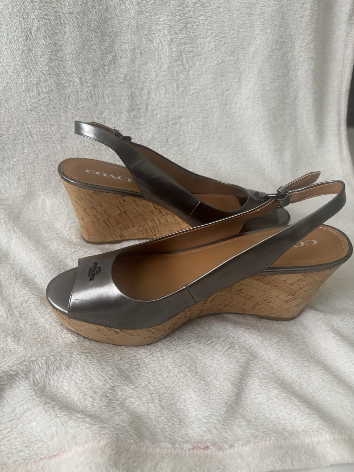 Coach Women Ferry Black/Silver Leather Cork Wedge Sandals Peep Toe Size 9.5