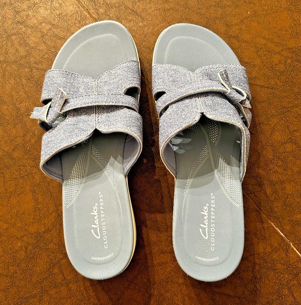 Clarks Cloudsteppers Slide Sandals Women, BreezeRae Mia, Blue Denim, 8.5 M, NEW