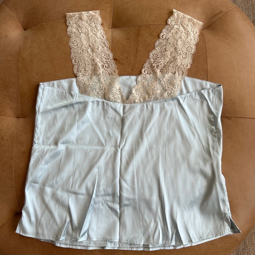 Silk Lace Trim Cami Tank Top Soft Blue Lingerie Inspired Coquette Layering L