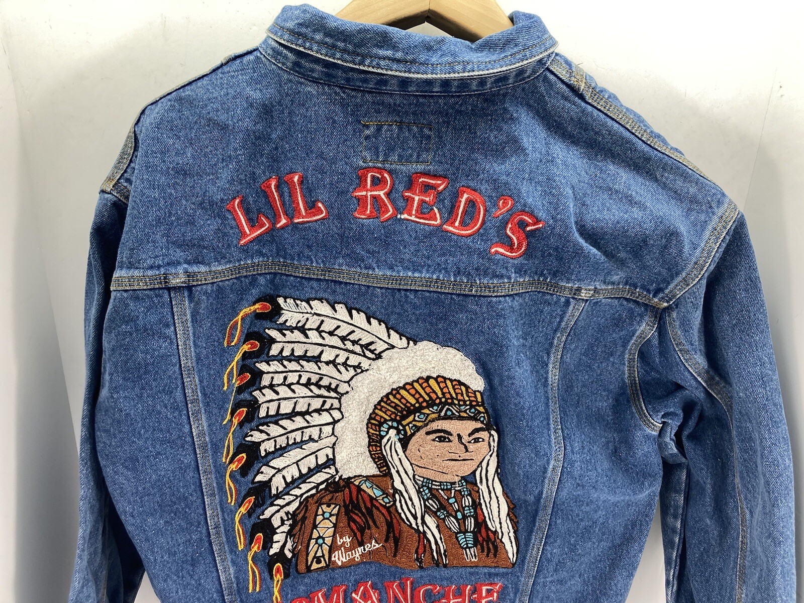 Comanche Chief Denim Trucker Jacket Men Size Small Embroidered Button VTG Unique