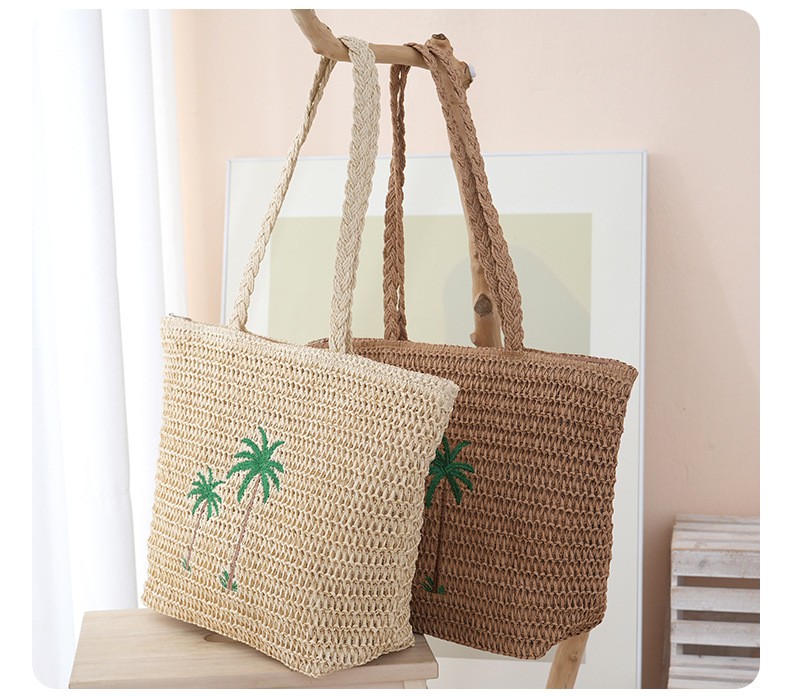 Women Coconut Tree Pattern Large Capacity Solid Color Straw Shoulder Bag For