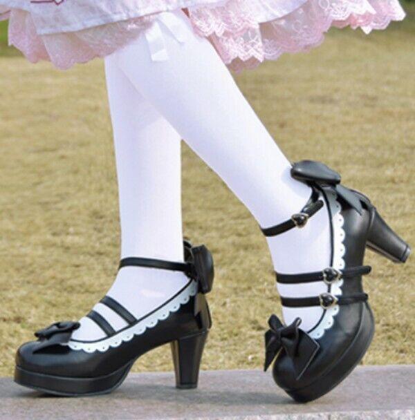 Lolita Women’s Mid Heel Cosplay Shoes Bowknot Platform Sweet Candy Shiny Leather