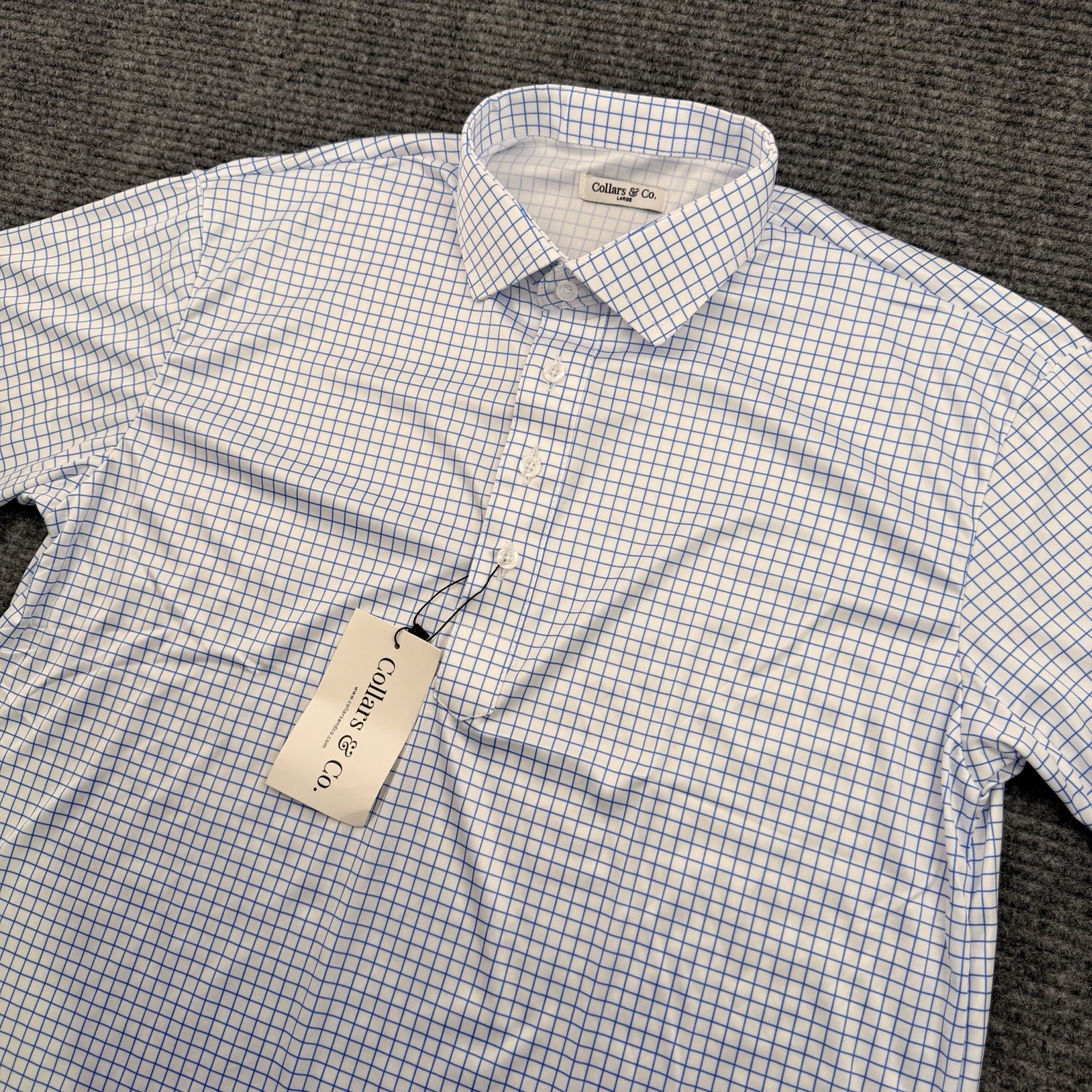 Collars and Co Button Up Polo Shirt Men’s Large Blue White Checkered Stretch NWT
