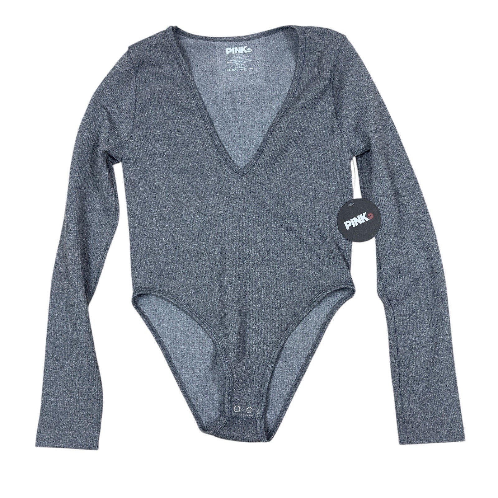 Pink Dot Bodysuit, Snap-crotch Top, Gray 92% Nylon 8% Spandex V-Neck Shirt M, L