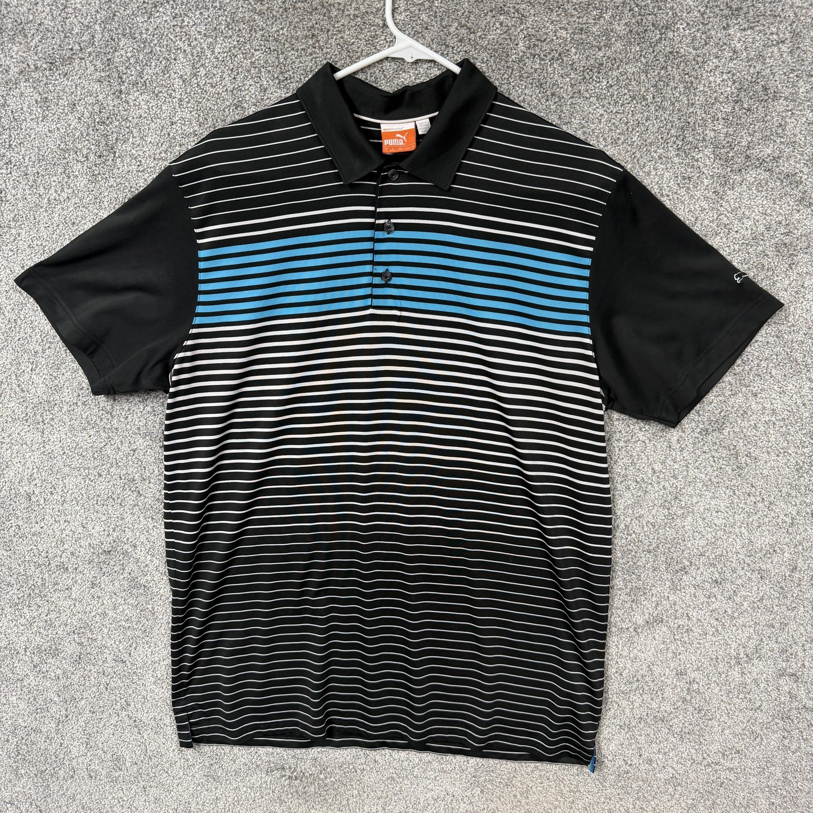 Puma Polo Shirt Large Black Blue Stripe Cobra Golf Performance Athletic Sporty