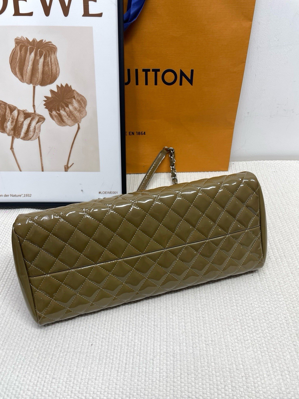 Authentic Chanel Mademoiselle Khaki Patent Quilted Leather Bowling Shoulder