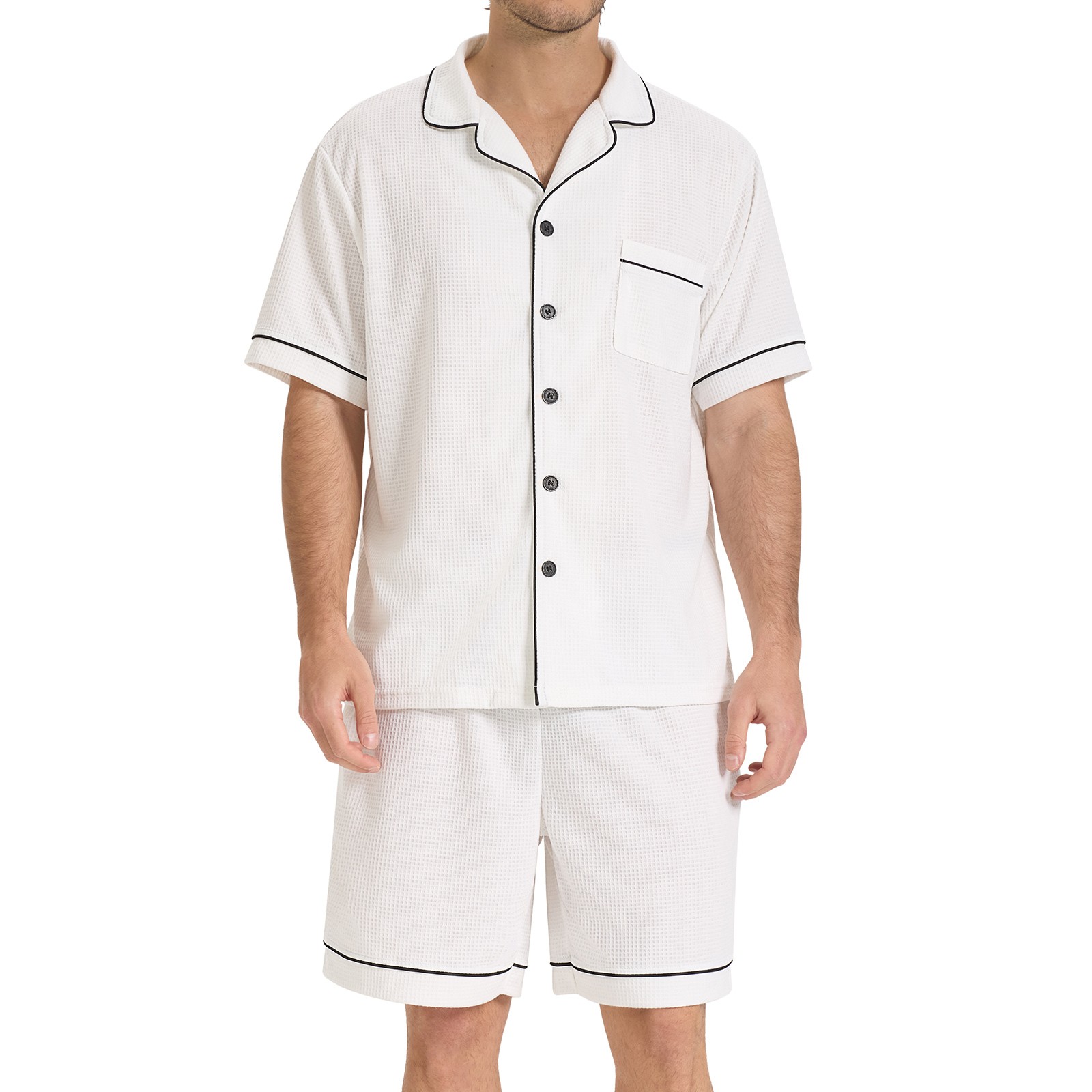 SIORO Men Waffle Knit Pajamas Set Short Sleeve Sleepwear Button Down Loungewear