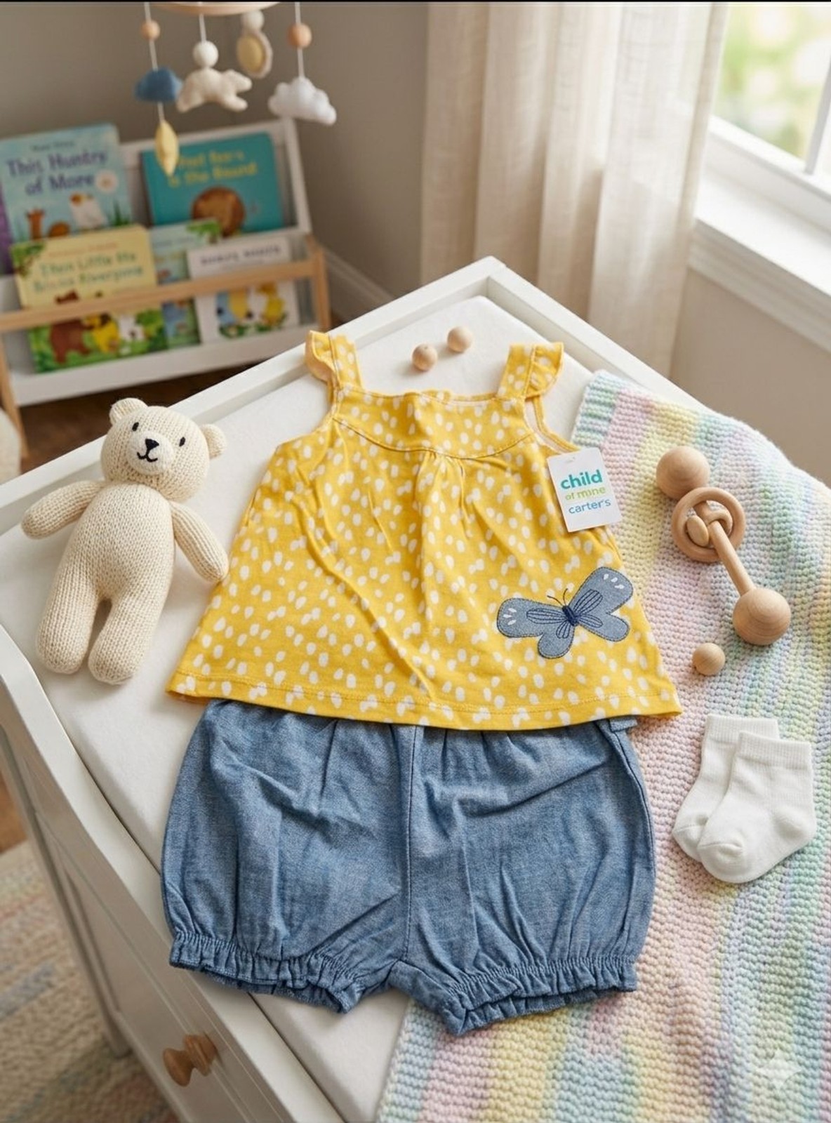 Child of Mine Carter’s Baby Girl Yellow Butterfly Top & Chambray Ruffle Shorts