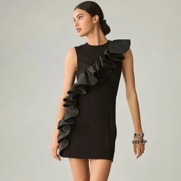 Hutch Anthropologie Ruffle Dress Large Black Mini Sleeveless LBD