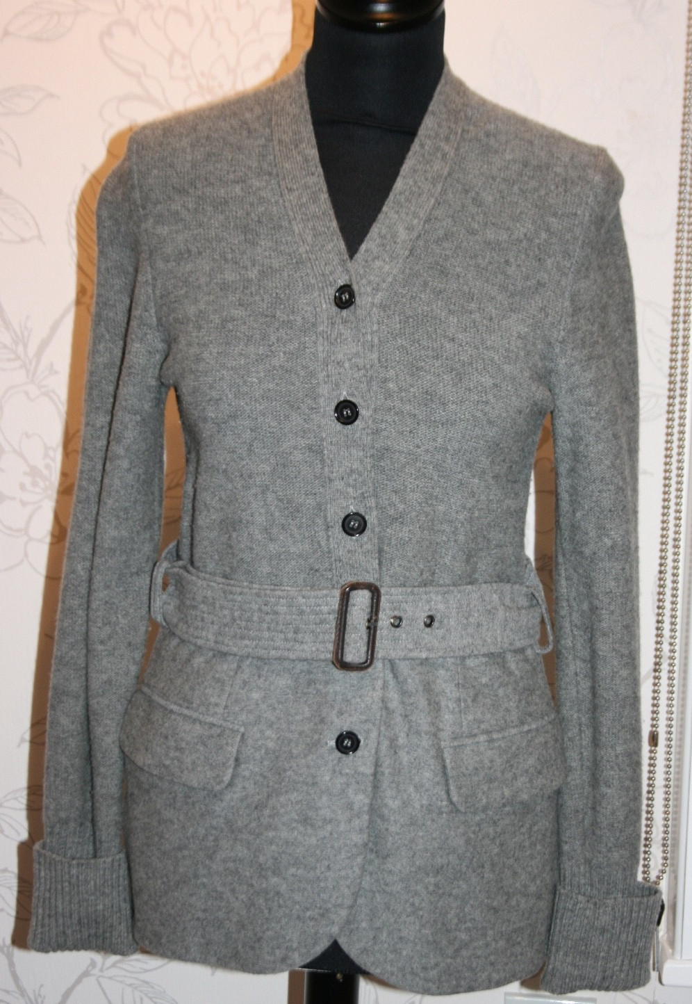 NEW CESARE FABBRI ITALY Cardigan/Jacket 100% Virgin Wool Belted Grey V-Neck S.