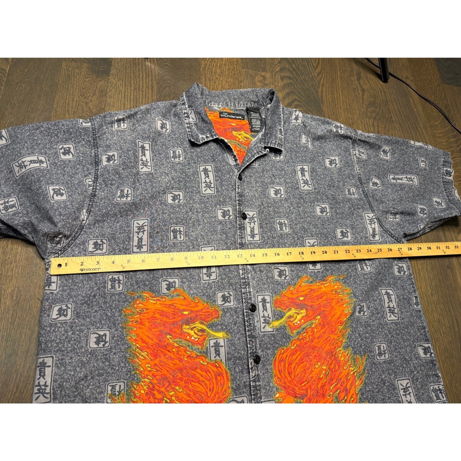 Vintage NO BOUNDARIES Flame Dragon Asian Oriental Graphic Shirt Tattoo 3XL 90s