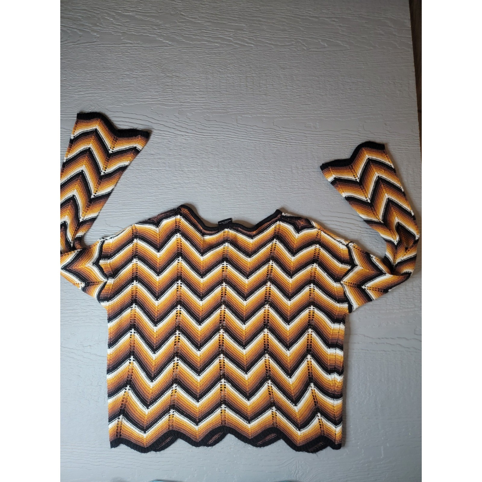 Trendy Threads Chevron Crochet Knit Sweater Orange Brown Zig Zag Bell Sleeve L