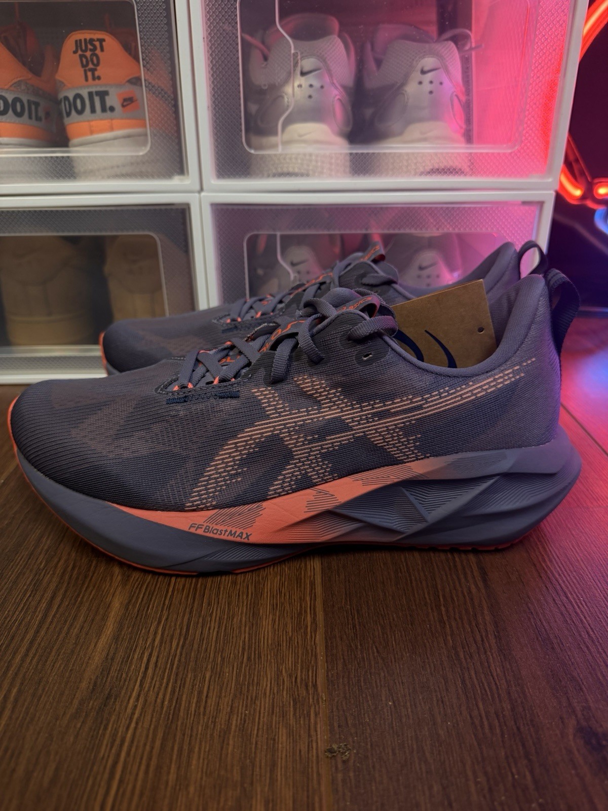 Size 10.5 – ASICS Novablast 5 Greyish Purple Coral Reef W