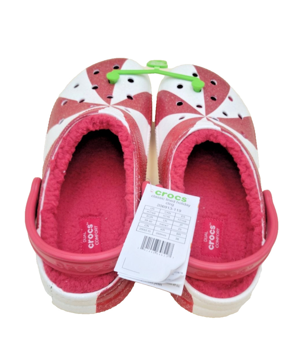 Crocs Classic Lined Holiday Clog Peppermint Glitter Red 206913-119 Women 9 Men 7