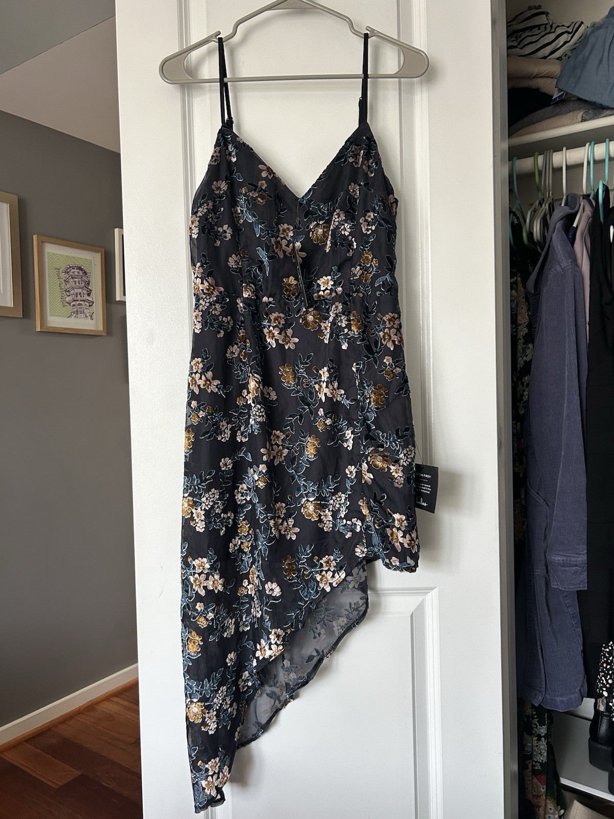 NWT Lulus Evenings With You Dark Teal Floral Velvet Burnout Asymmetrical Size M