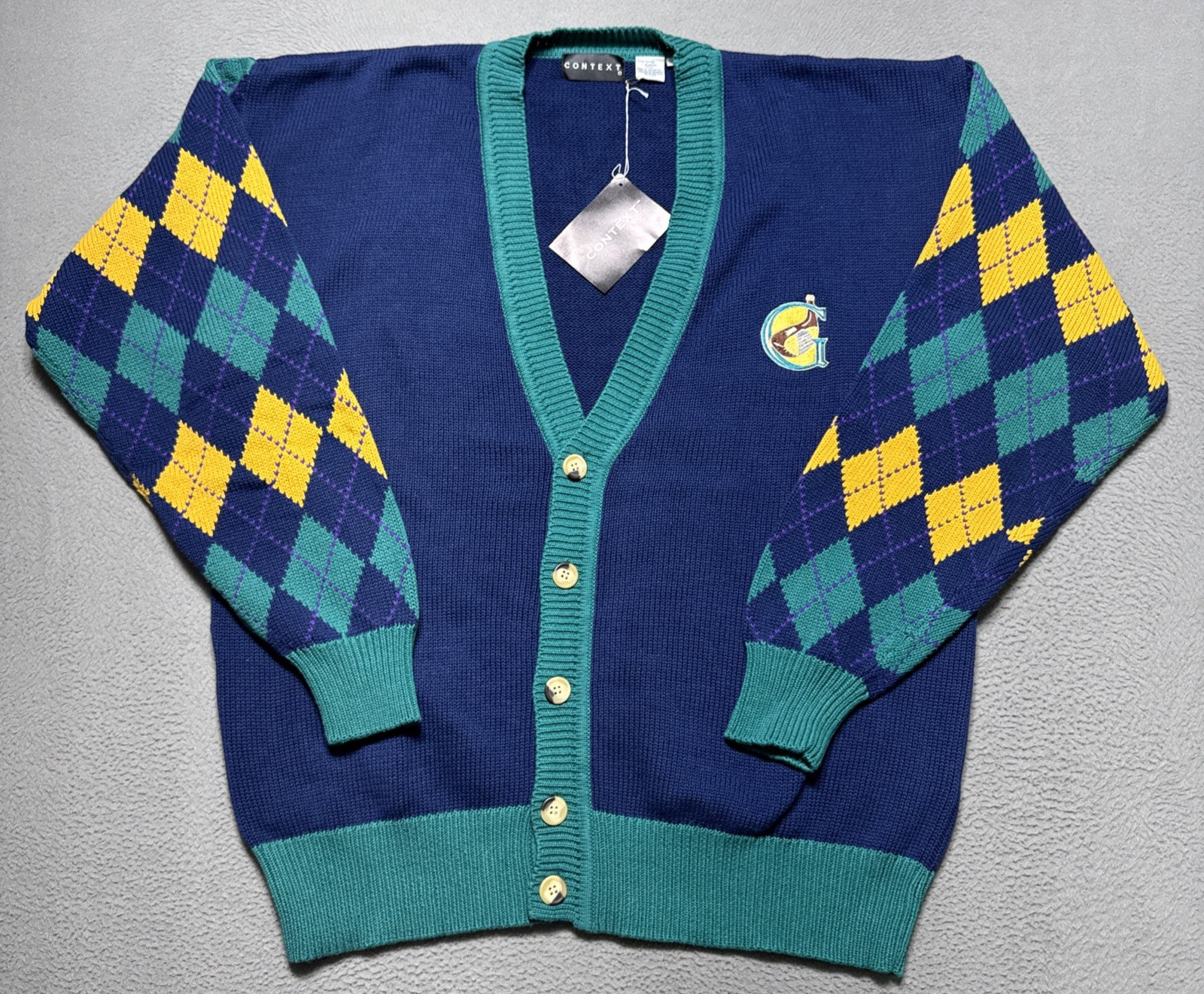Vintage Context Cardigan Sweater Mens Sz L Blue Argyle Knit Boxy Grandpa Preppy