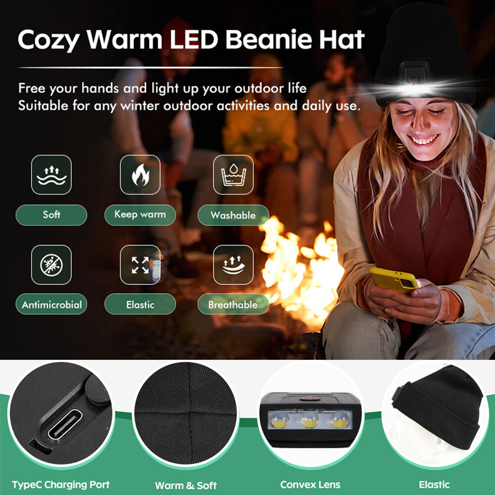 1/2x Unisex LED Beanie Hat with Rechargeable Headlamp Light Winter Warm Knit Cap