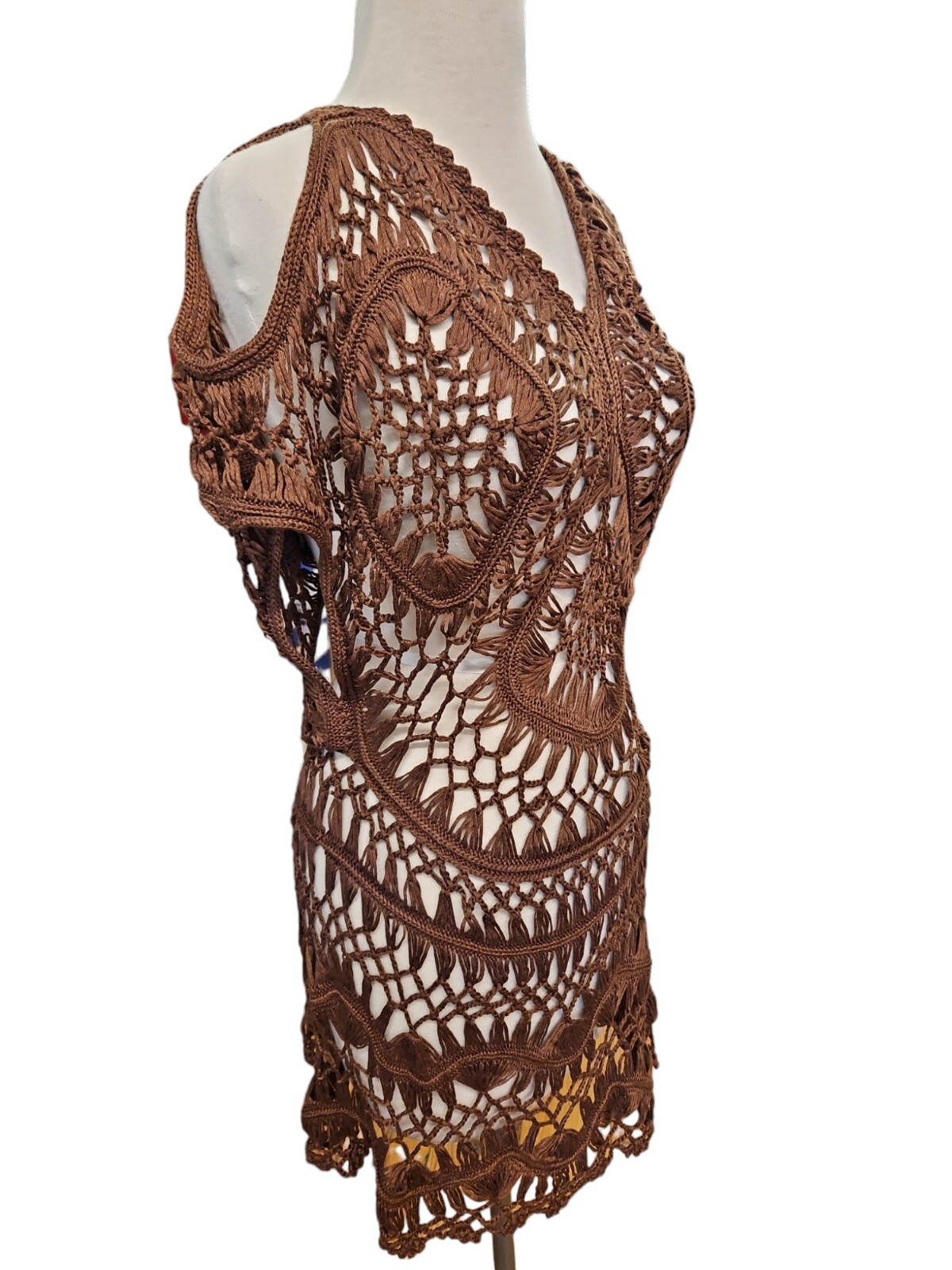 Miss Kelly Crochet Dress Overlay Sleeveless Womens Small Brown Boho Gypsy New