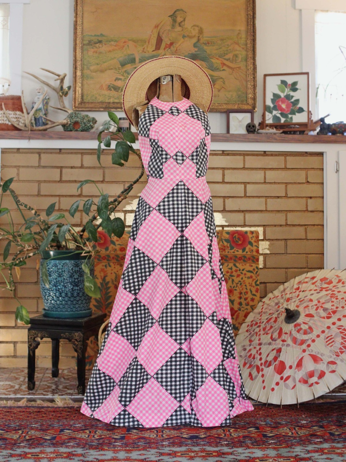 VTG 1960s Cotton Gingham Check Print Pink Black White Halter Maxi Party Dress