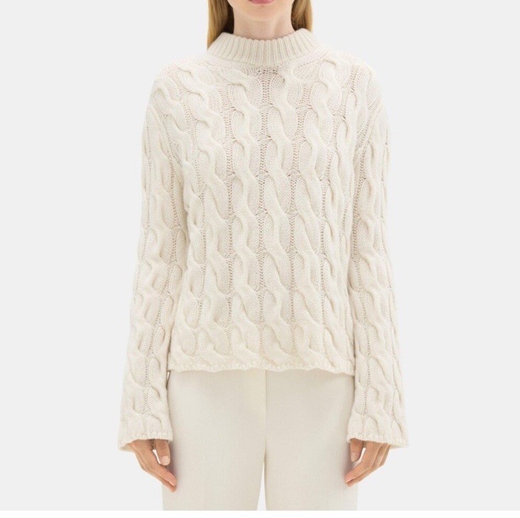 Theory 90%wool/10shmere Cable Knit,mock Neck Relaxed Sweater, Sz L, New,Ivory