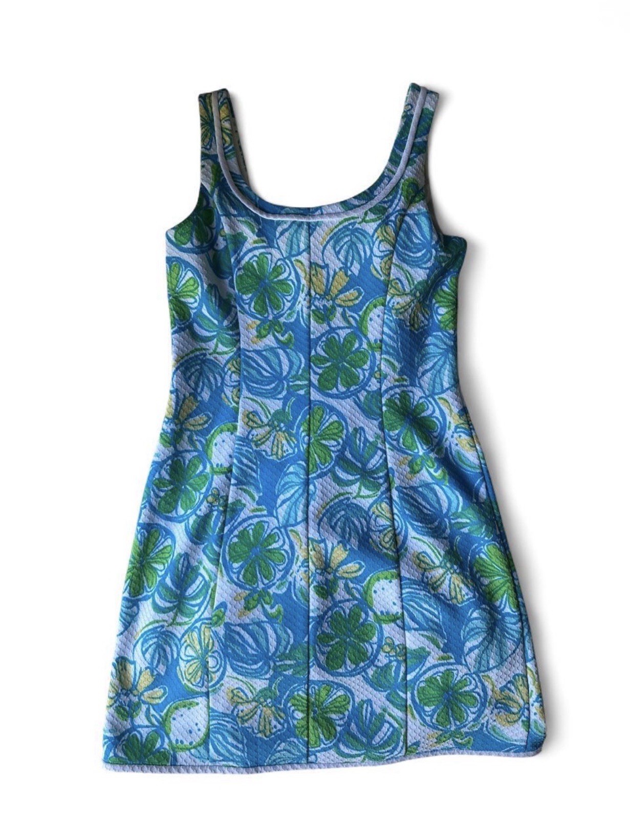 Lilly Pulitzer Lola Shift Resort Dress Blue Green Floral Pique Sleeveless Size S
