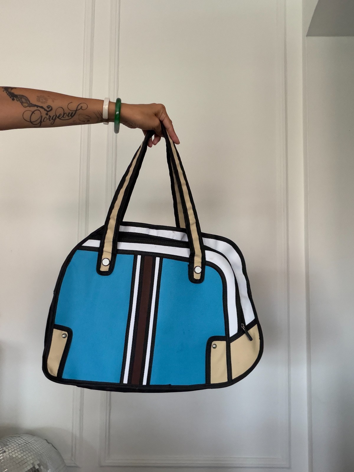 womens blue, white and black stripe 2D design shoulder bag for work or casual